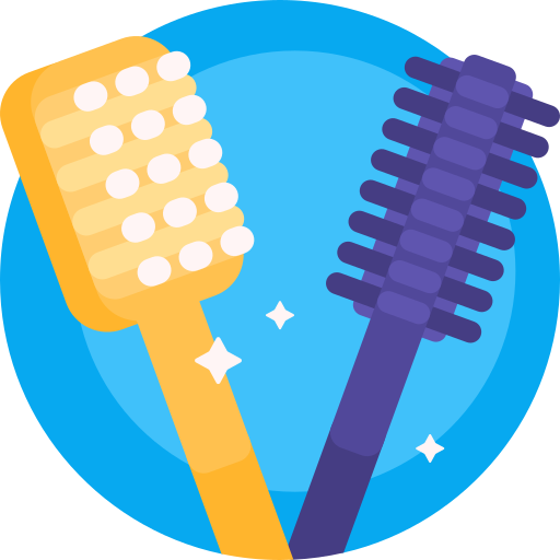 A cartoon icon of a yellow toothbrush and a purple mascara wand with sparkles.