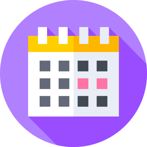 A flat-style icon of a calendar with two days marked in pink, inside a purple circle.