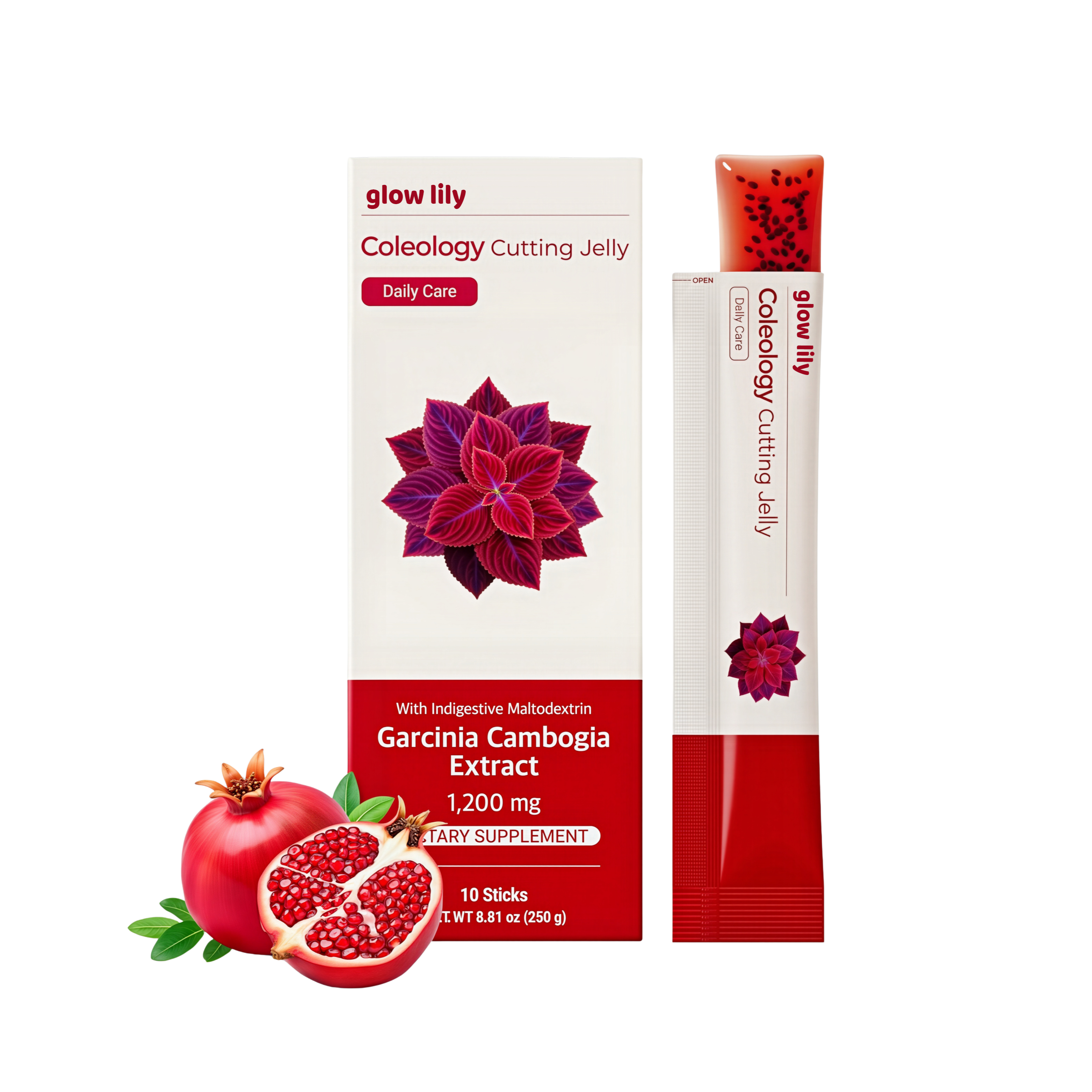 Box and stick pack with pomegranate and plant design, labeled 'glow lily Coleology Cutting Jelly.'