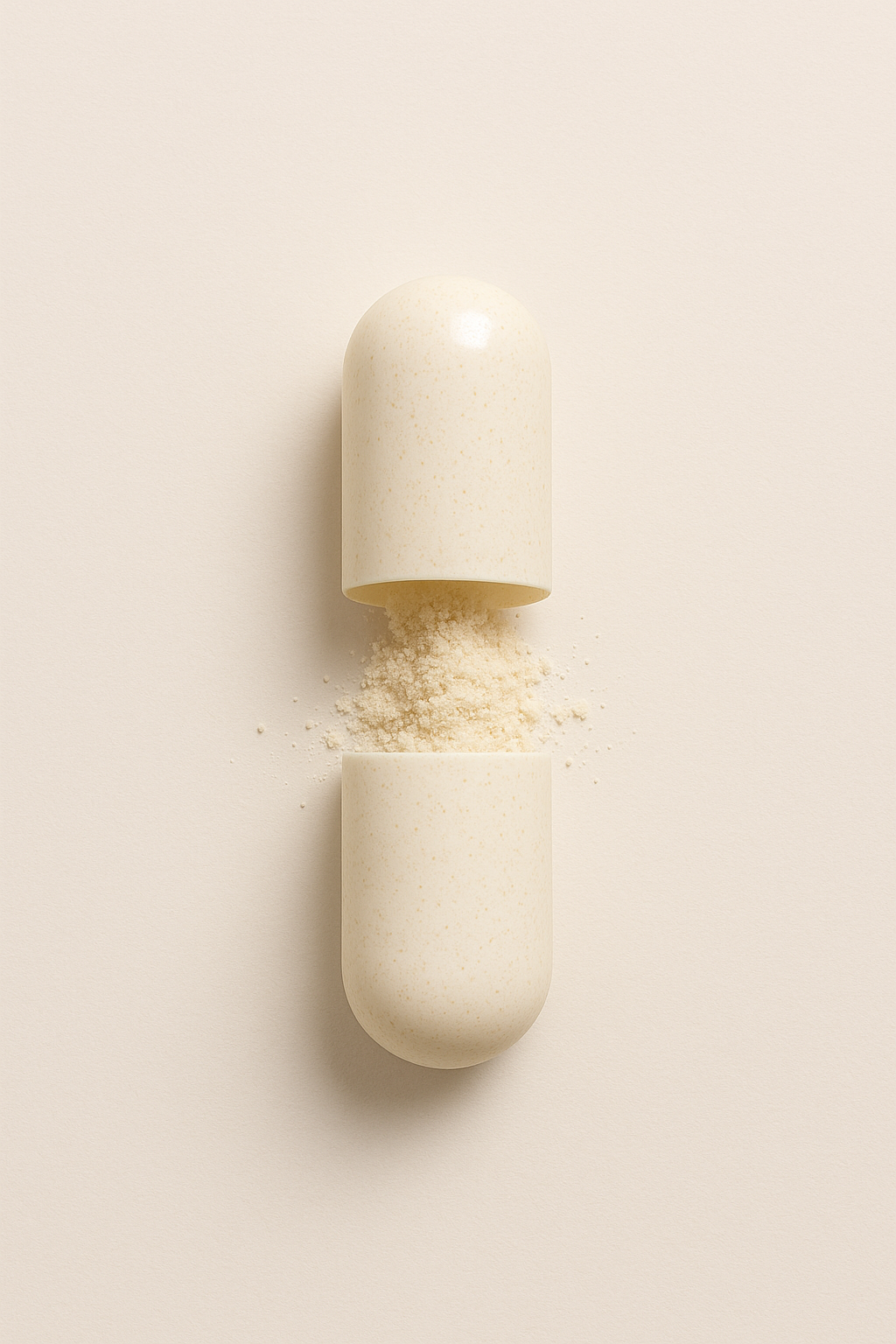 Open capsule with powder spilling out on a beige background.