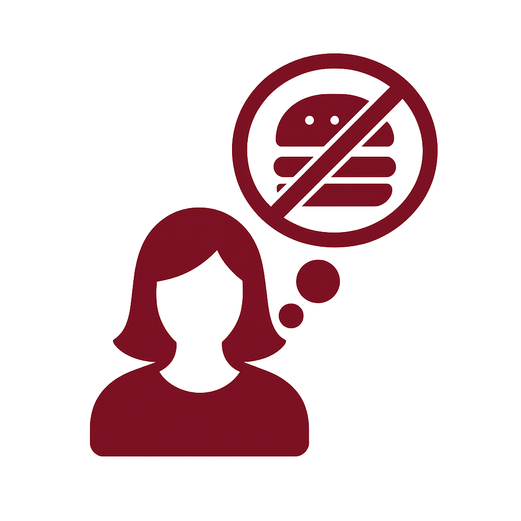 Silhouette of a person with a thought bubble showing a crossed-out hamburger.