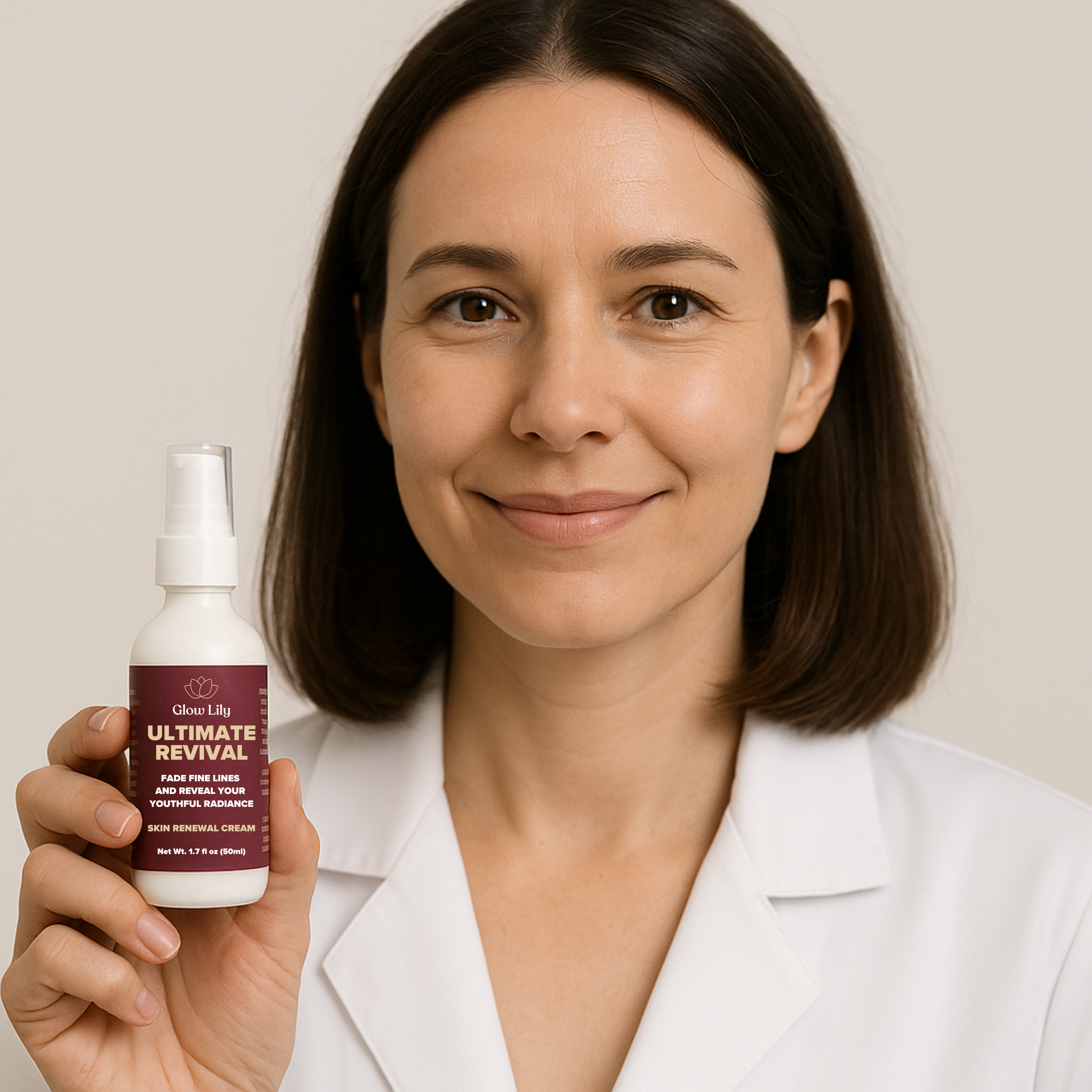 Person holding a bottle of 'Ultimate Revival' skin renewal cream.