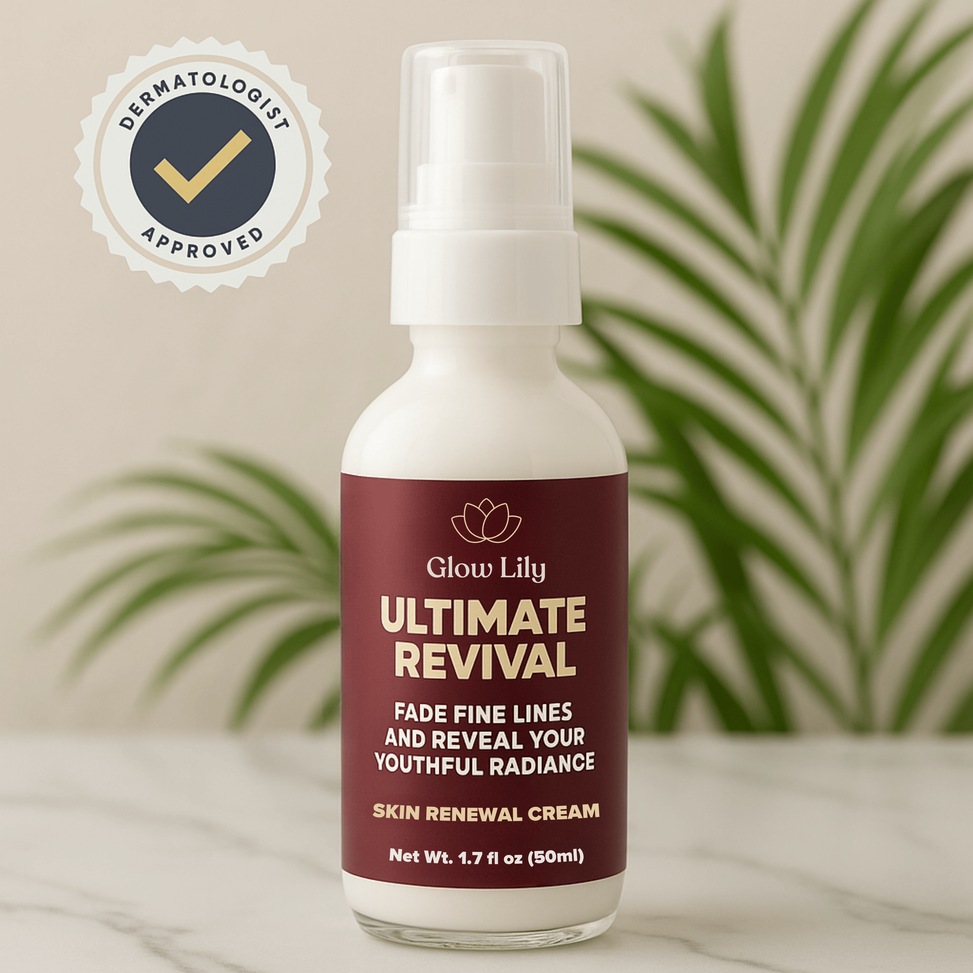 Bottle of Glow Lily skin renewal cream with a plant in the background.