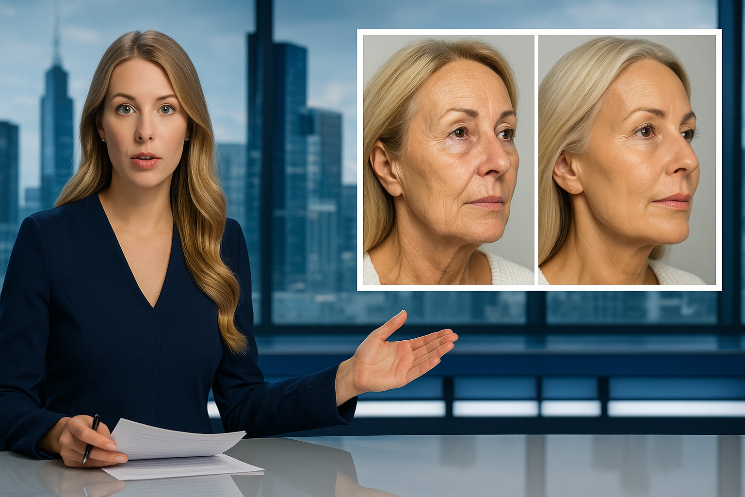 Woman in blue suit presenting with before-and-after images of another woman's face.