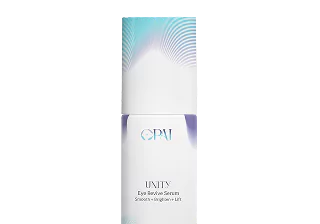 A white and blue cosmetic bottle labeled 'Unity Eye Revive Serum.'