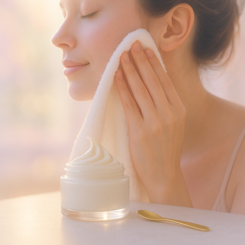 Woman using a towel on face with cream jar and spoon nearby.