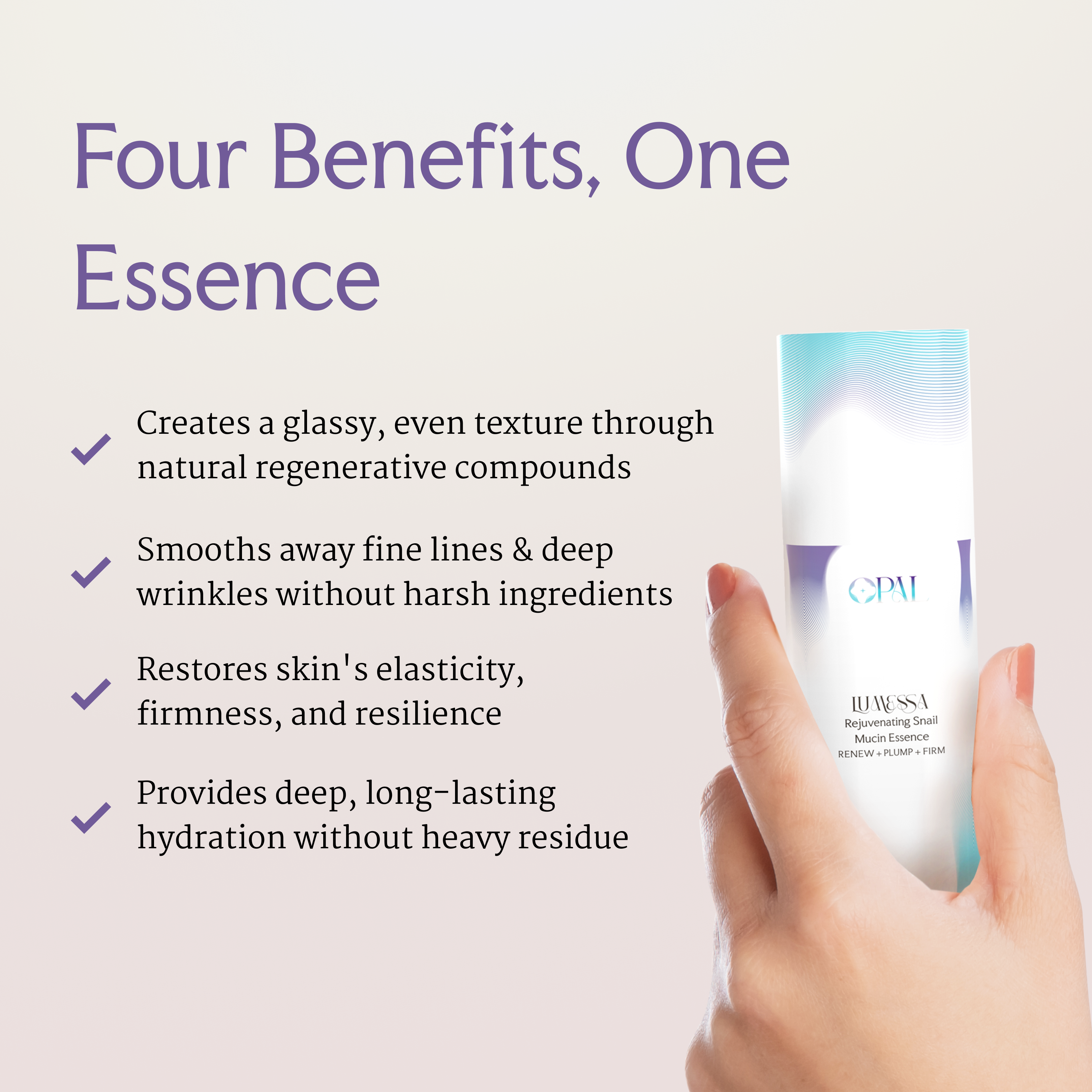 Hand holding a skincare product with text listing its benefits.
