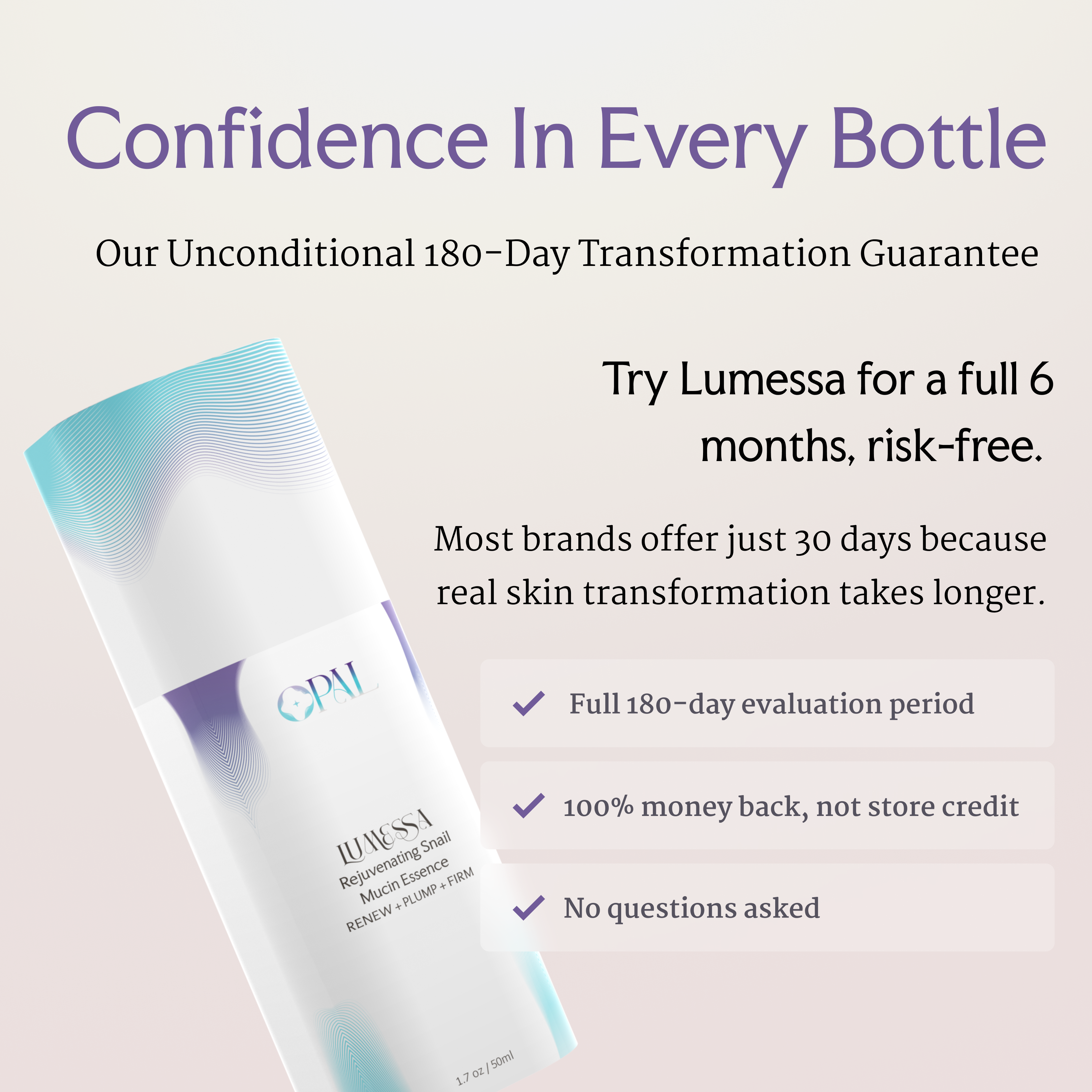 Advertisement for Lumessa skincare product with a 180-day transformation guarantee.