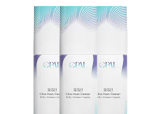 Three bottles of Opal Aire face foam cleanser with blue and purple design.