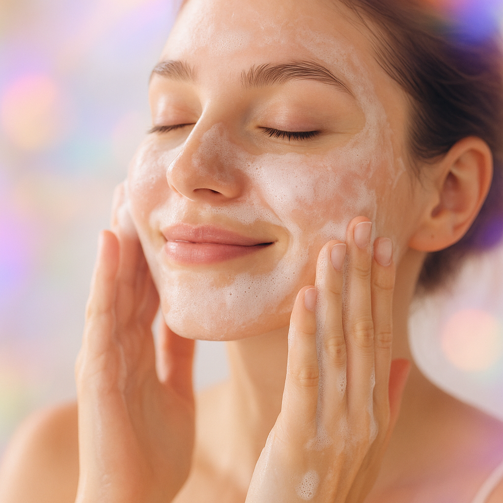 Person washing face with foamy cleanser, eyes closed, smiling.