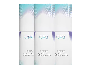 Three bottles of Opal Unity Eye Revive Serum with a white and blue design.