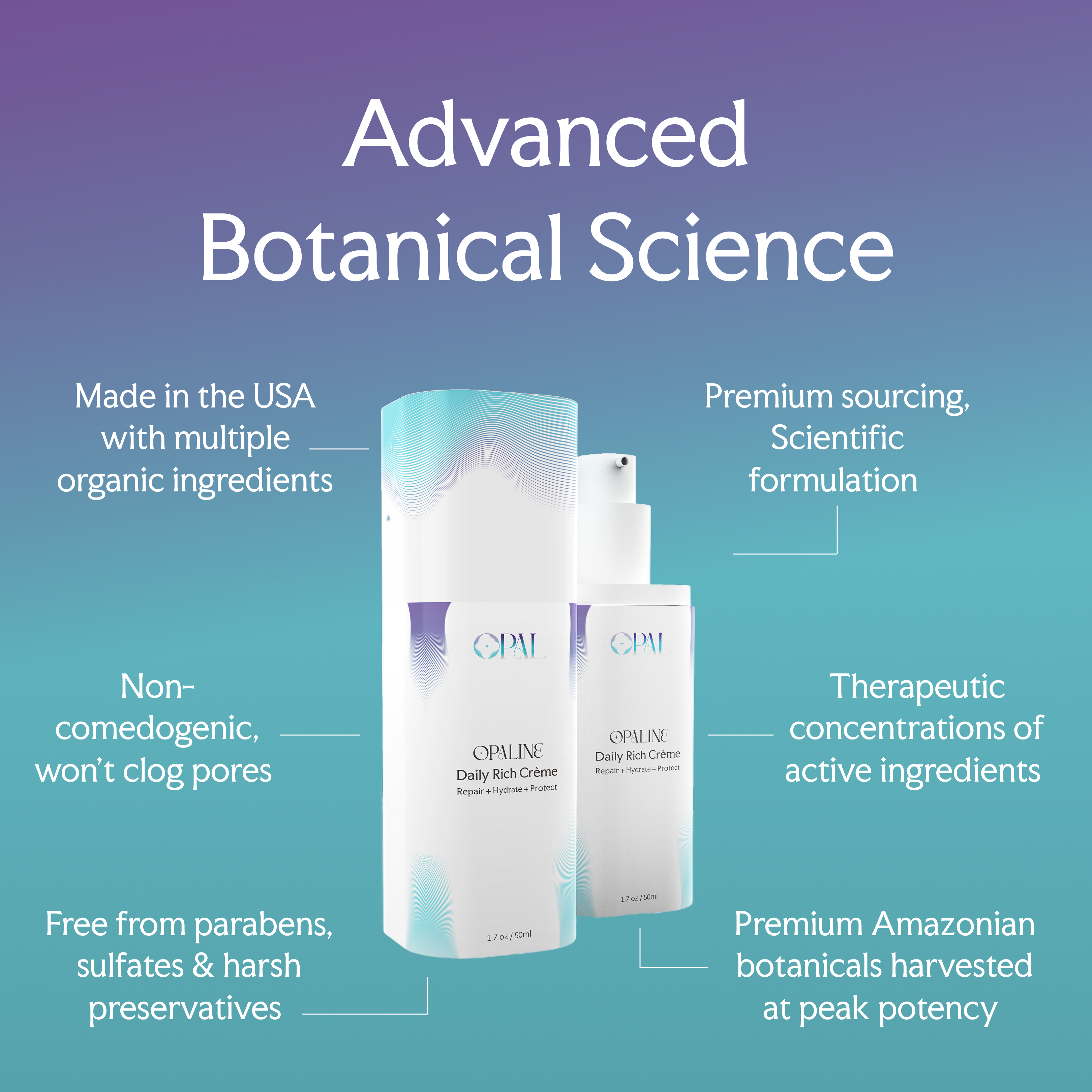 Skincare product packaging with text highlighting features like organic ingredients and non-comedogenic formula.