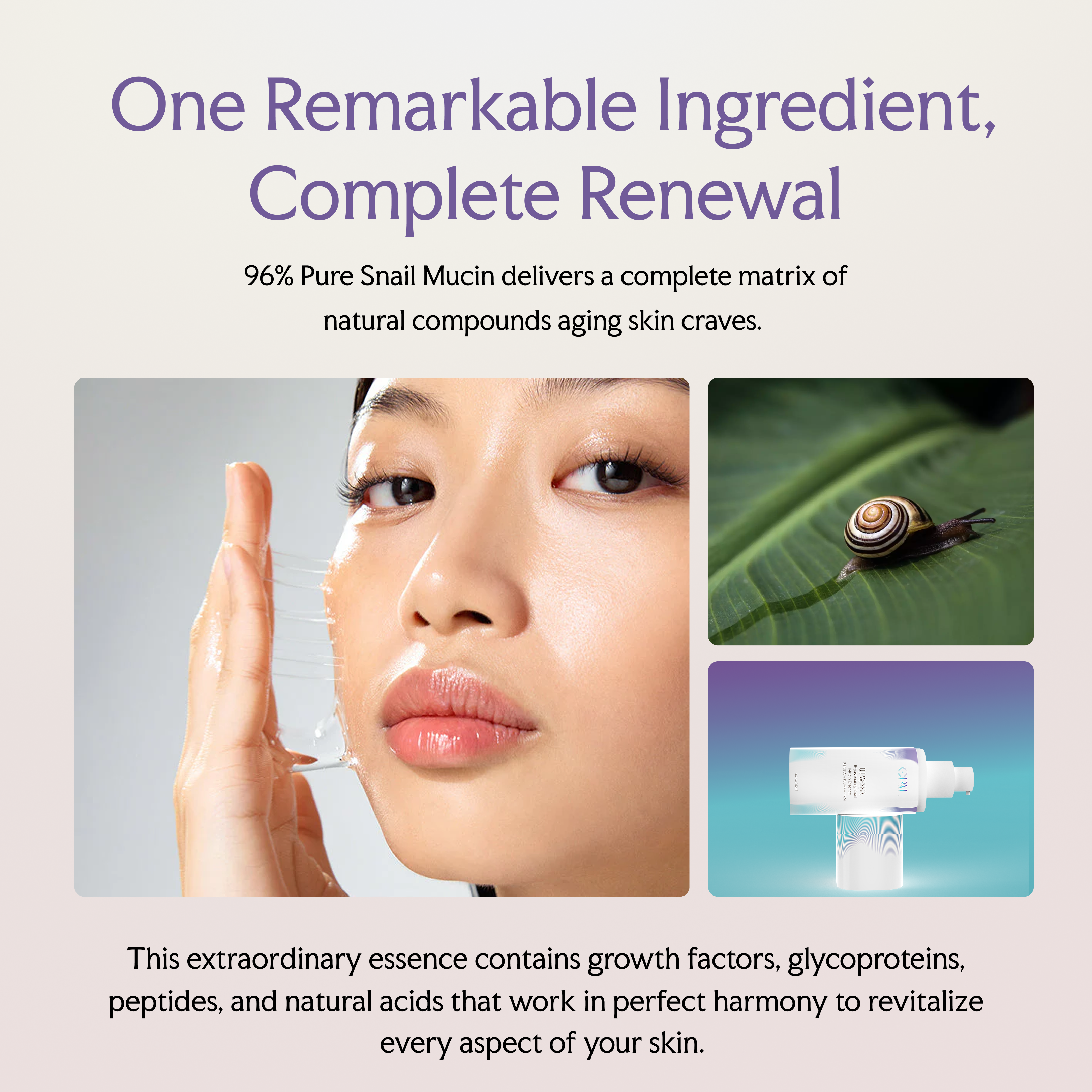 Collage of a woman applying serum, a snail on a leaf, and a skincare product bottle.