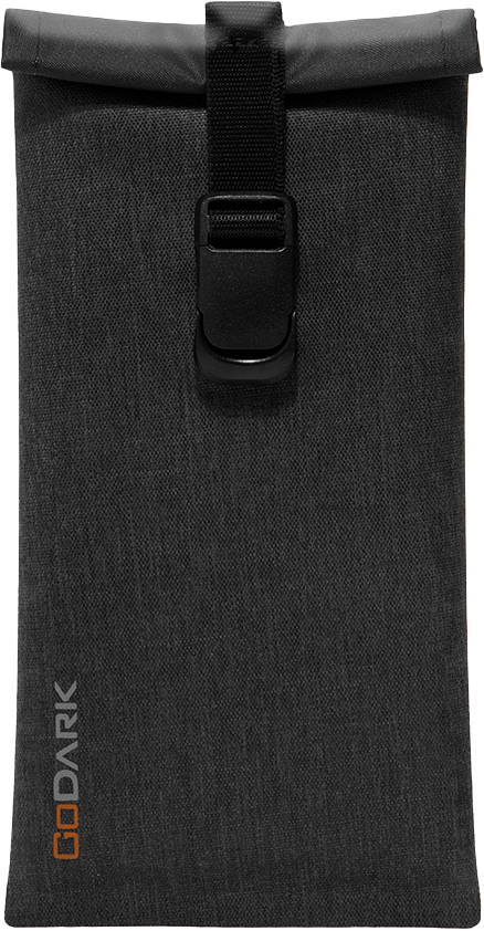 Black fabric pouch with a buckle closure and 'Go Dark' text on the front.