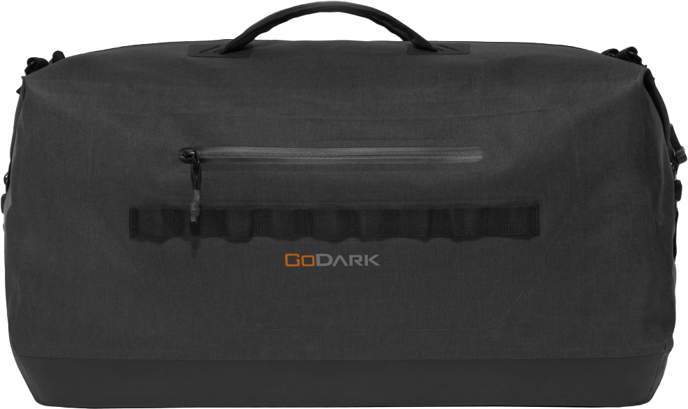 Black duffel bag with a handle and front zipper pocket.