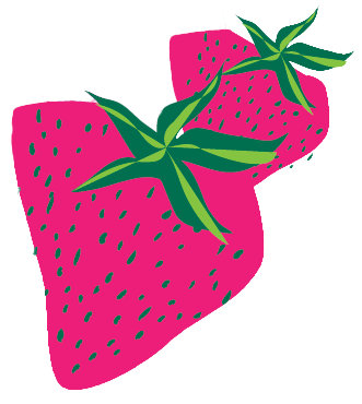 Illustration of two stylized strawberries with green leaves.