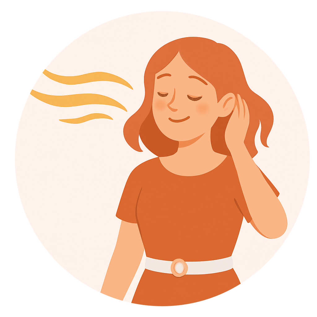 Illustration of a woman looking at her reflection in a hand mirror.