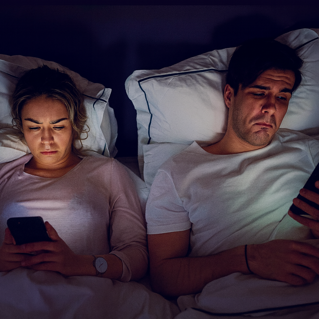 Two people in bed looking at their phones.