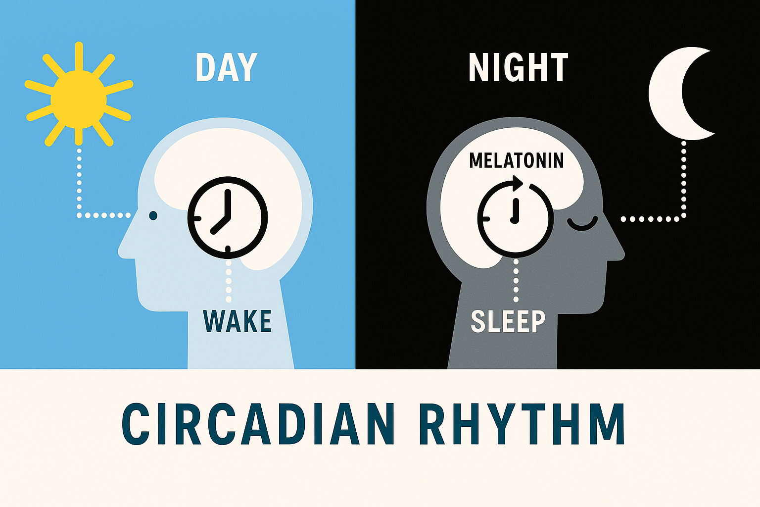 Illustration of circadian rhythm showing day and night cycles with sun and moon.
