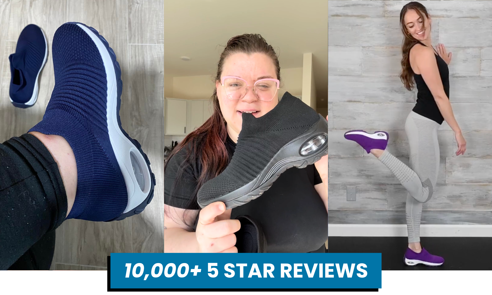 People showcasing different colored slip-on shoes with cushioning.