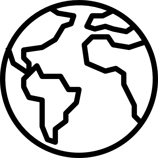 Black and white line drawing of a globe showing continents.