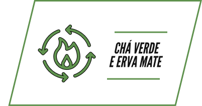 Icon of a flame in a recycling symbol next to the text 'Chá Verde e Erva Mate'.