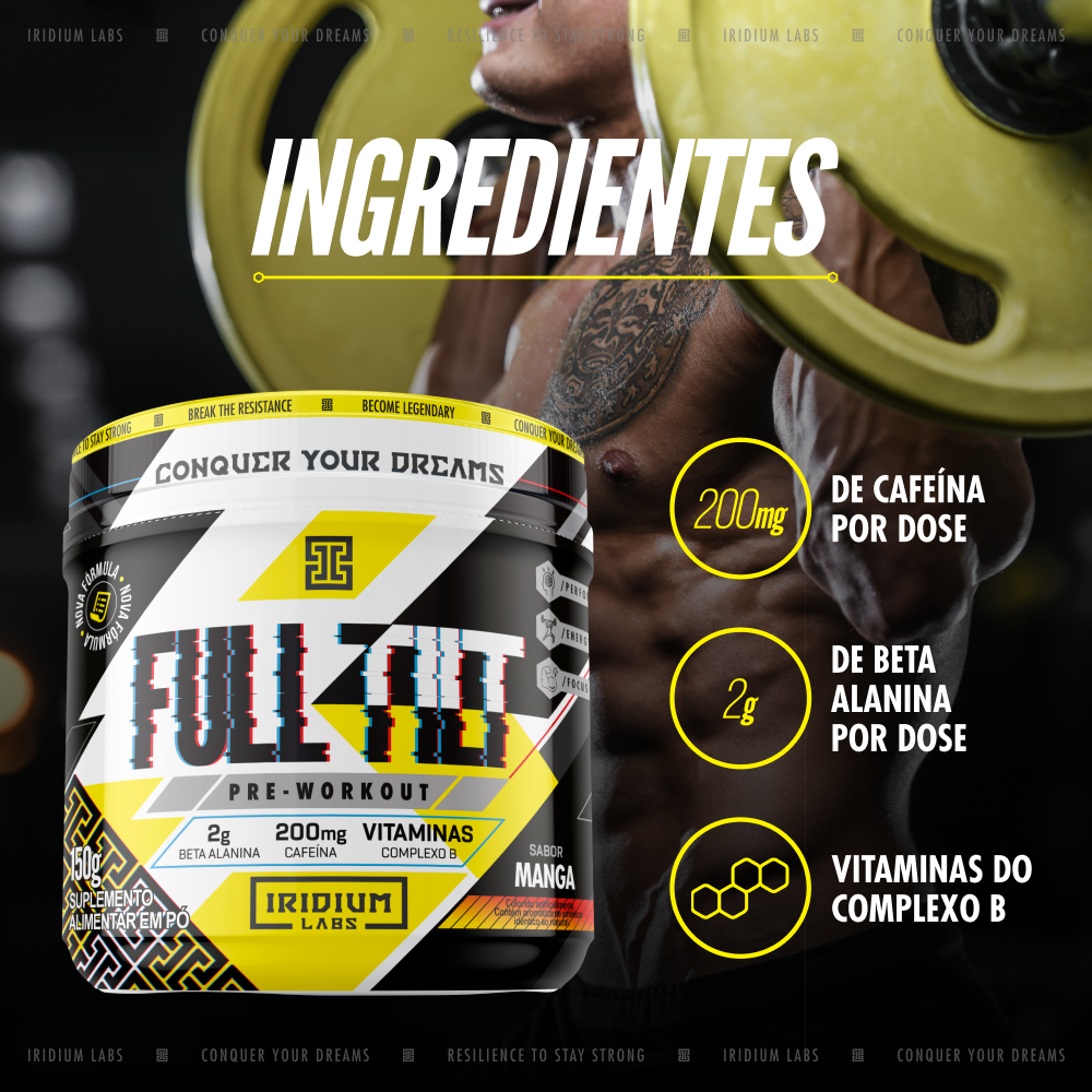 An advertisement for Full Tilt pre-workout supplement, showing the container and key ingredients with a weightlifter behind.