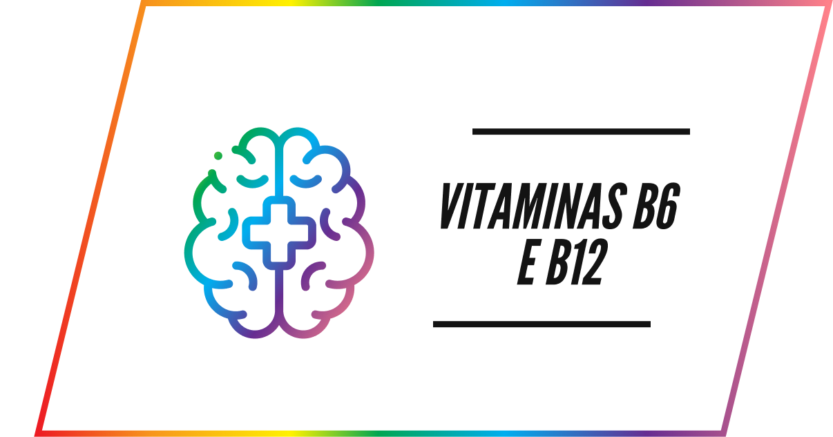 A rainbow-colored brain icon with a plus sign next to the text 'Vitaminas B6 E B12'.