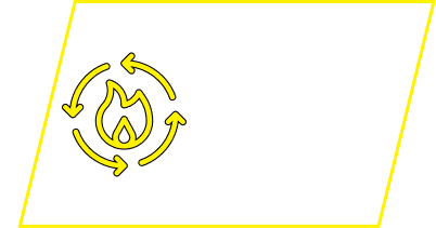 A yellow outline icon of a flame surrounded by three arrows in a circle.