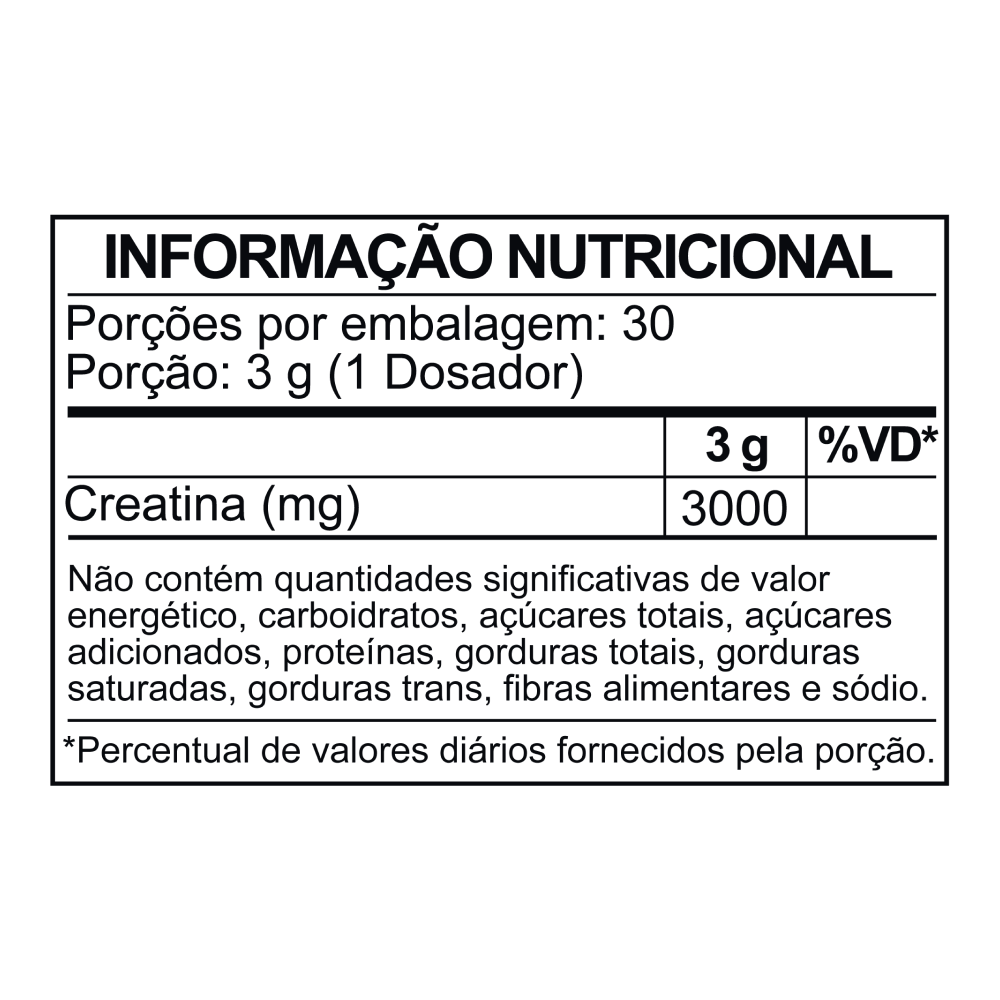 A nutrition information label in Portuguese for a creatine supplement, showing 3000 mg per 3g serving.