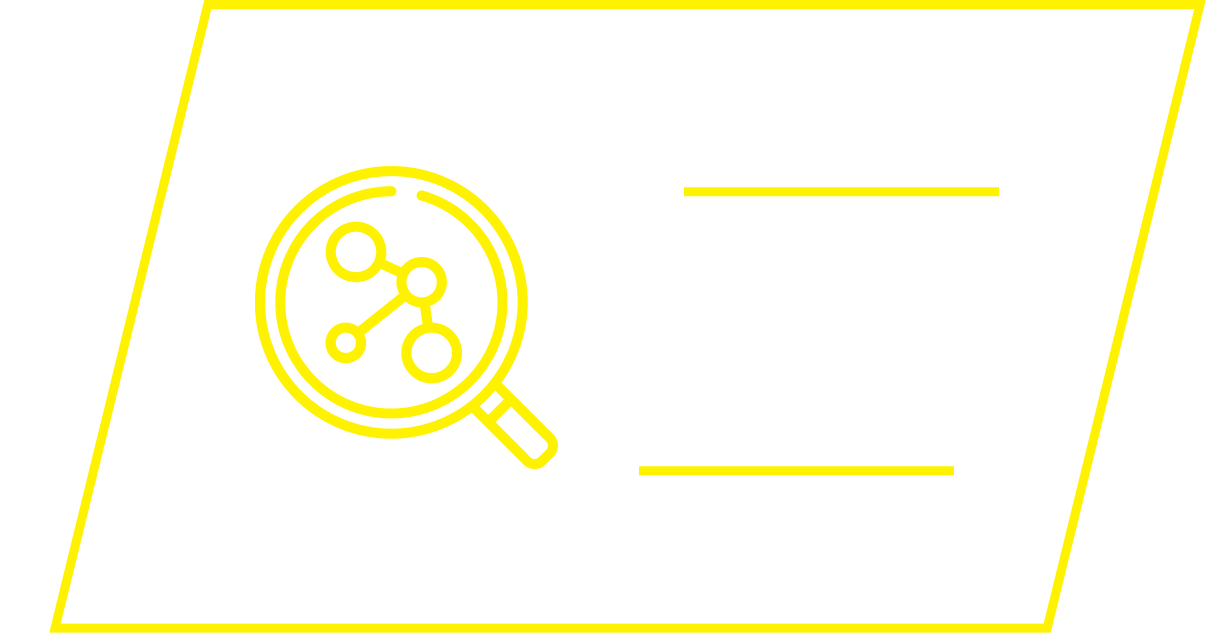 A yellow line art icon of a magnifying glass over a molecular diagram inside a parallelogram frame.
