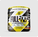 A black and yellow tub of Full Tilt pre-workout supplement against a gray background.