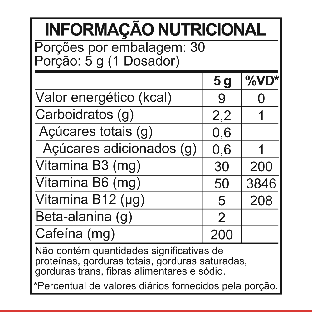 A nutrition facts label in Portuguese showing ingredients like caffeine, beta-alanine, and various vitamins.