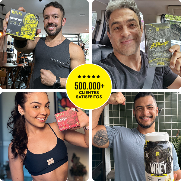A collage of four smiling customers holding various nutritional supplement products from the brand Iridium Labs.