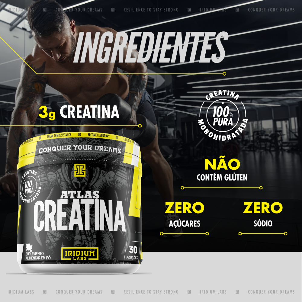 An advertisement for Atlas Creatina, showing a muscular man lifting weights and the product's nutritional information.