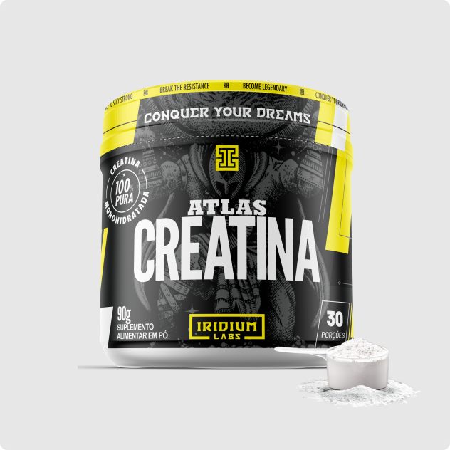 A black and yellow container of Atlas Creatina supplement with a scoop of white powder next to it.