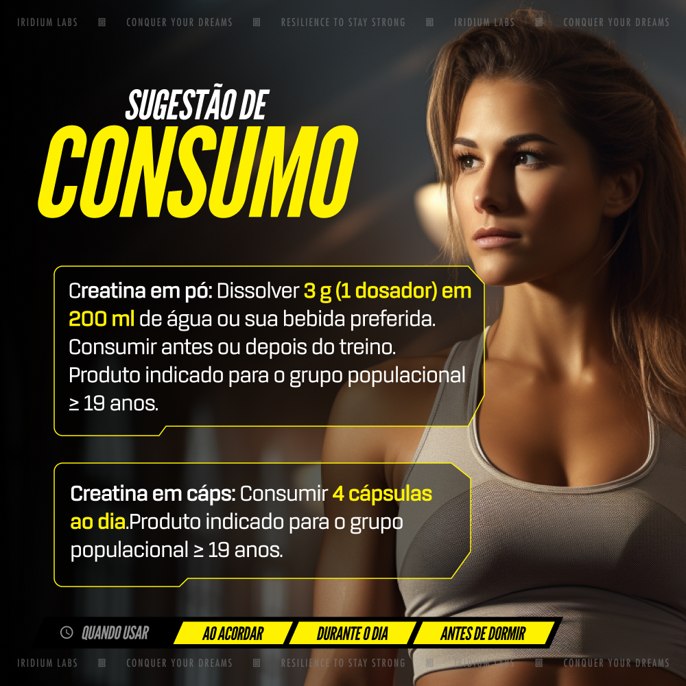 An advertisement for a supplement showing a fit woman and consumption instructions in Portuguese.