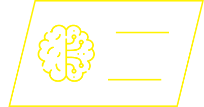 A yellow line icon of a brain, half organic and half circuit, beside two placeholder lines.
