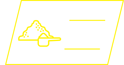 A yellow line-art icon of a scoop in front of a pile of creatine powder.