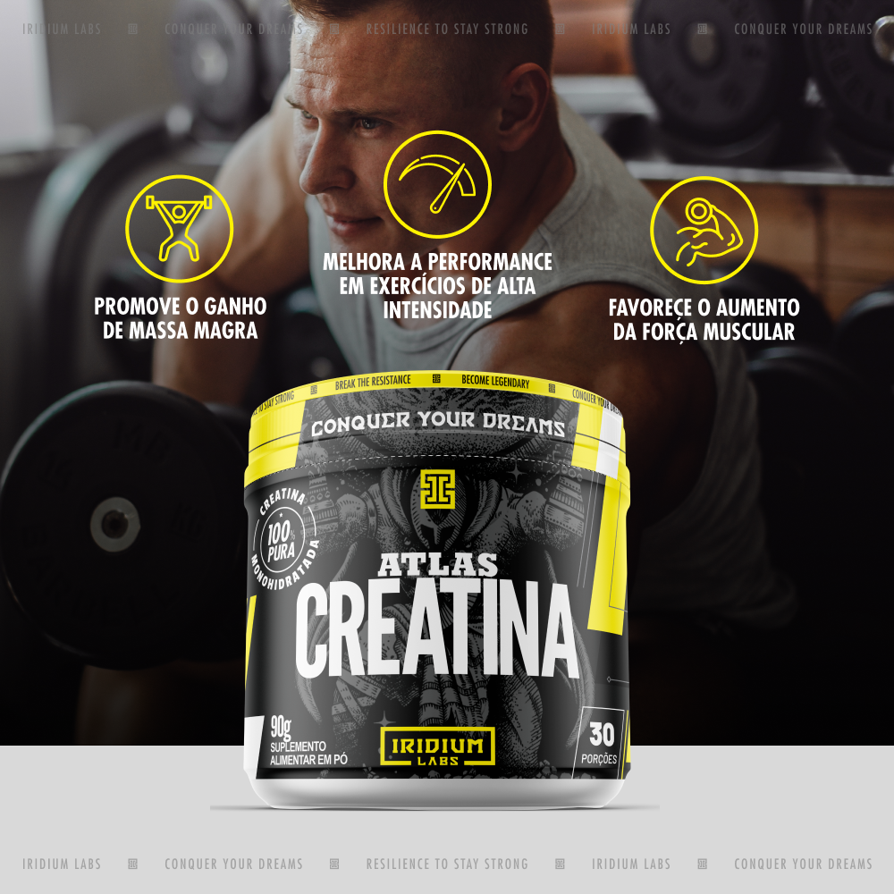 An advertisement for Atlas Creatina supplement, with a man lifting weights in a gym in the background.