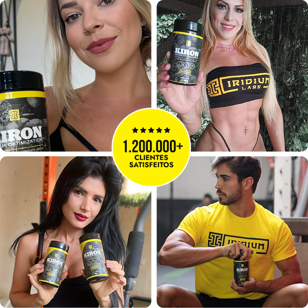 A collage of four fit people holding containers of Kiron supplements, with a central badge in Portuguese.