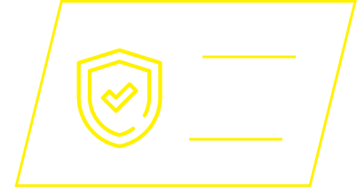 A yellow line-art icon of a shield with a checkmark, next to two placeholder lines for text.