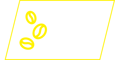A yellow outlined parallelogram containing three yellow outlined coffee beans on a white background.