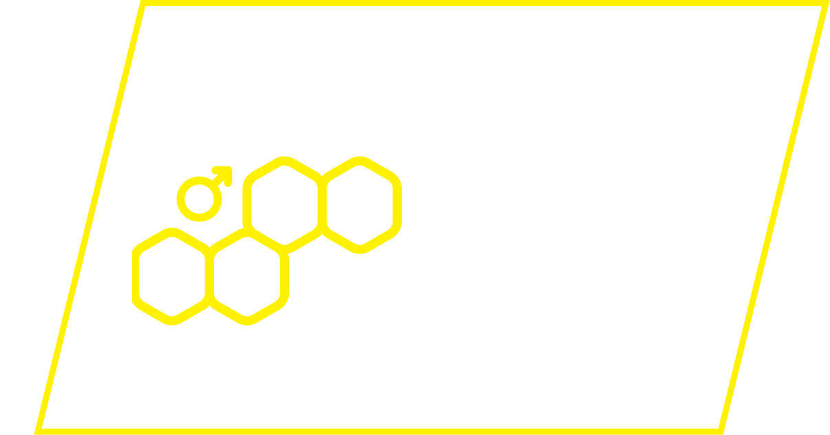 A yellow line drawing of a honeycomb structure and a male gender symbol inside a parallelogram.
