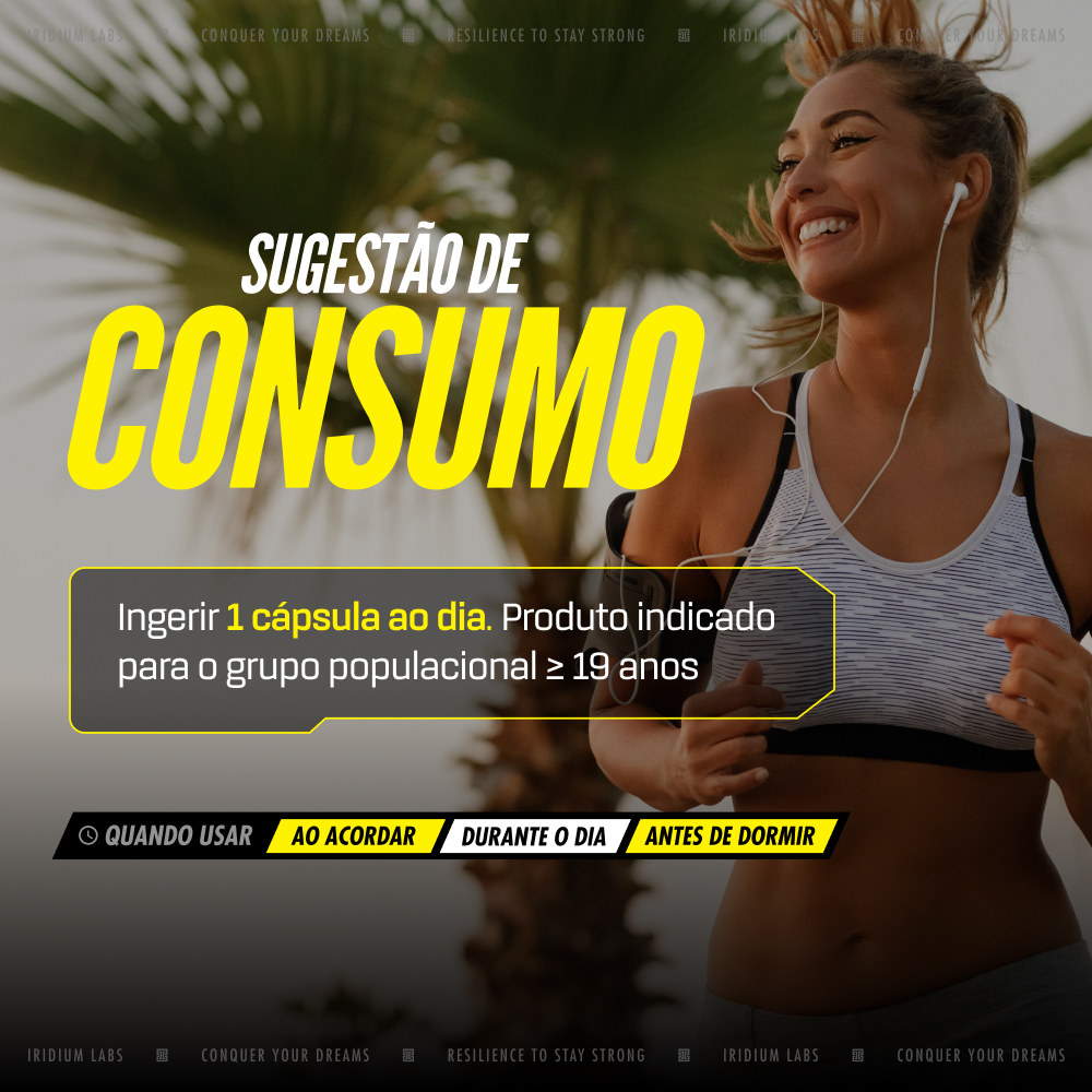 An advertisement in Portuguese featuring a smiling woman running while listening to music with earphones.