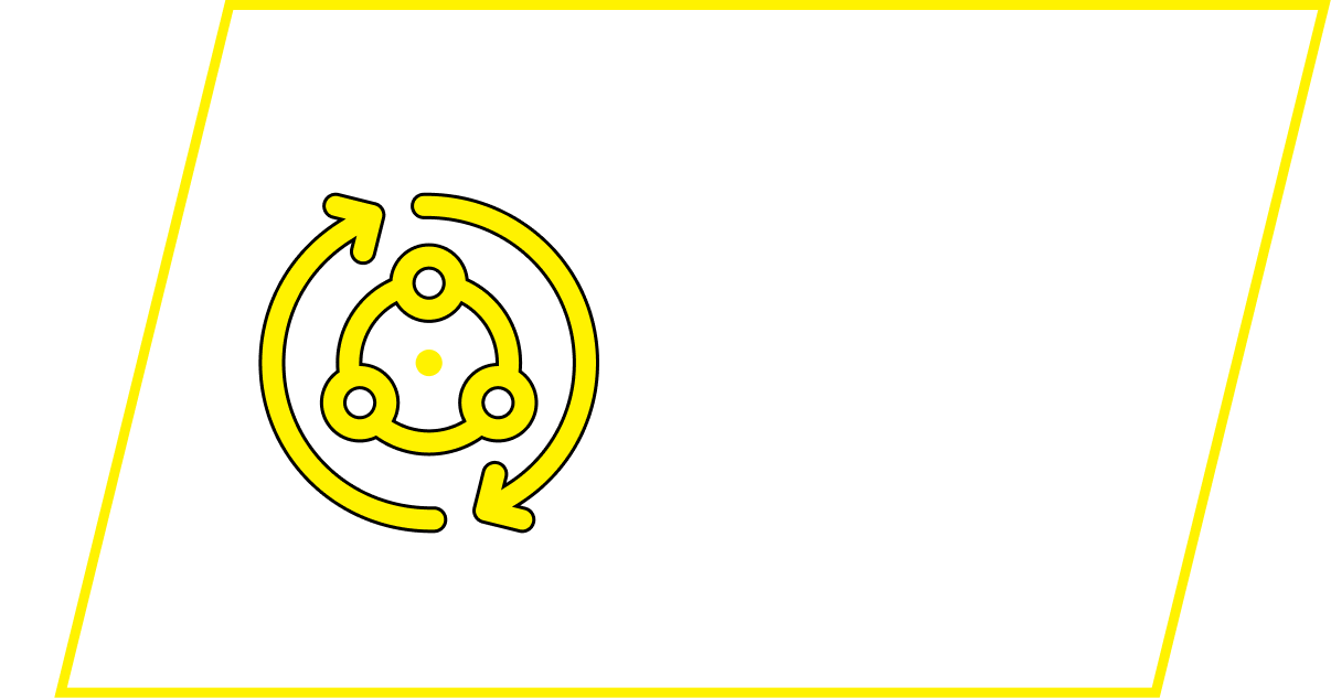 A yellow icon showing three small circles inside a larger circular arrow on a white background.