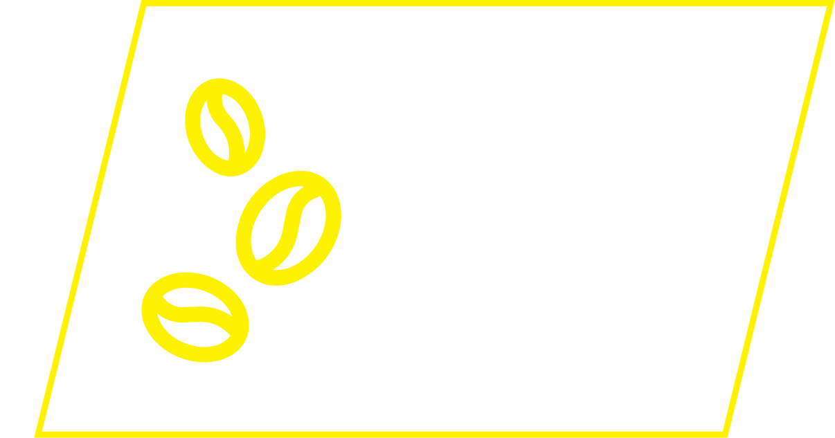 A yellow parallelogram outline with three yellow coffee bean shapes inside.
