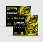 Two black and yellow boxes of Iridium Labs Kimera supplement with illustrations of a snake and a tiger.