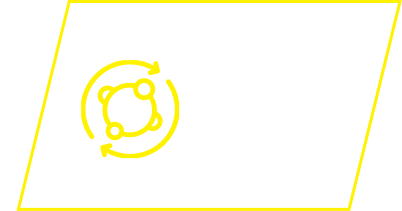 A yellow icon of four circles surrounded by rotating arrows, all within a parallelogram outline.