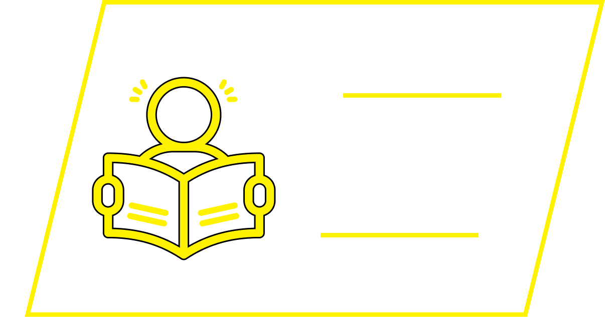 A yellow icon of a person reading a book, next to two horizontal lines in a placeholder graphic.
